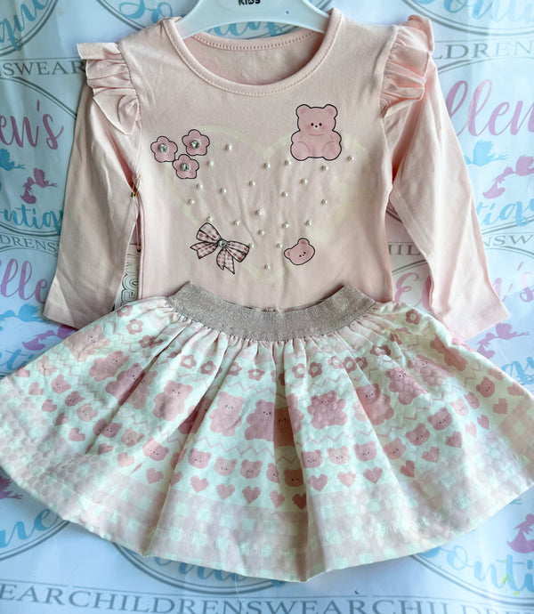 Pink Teddies and Hearts Skirt Set