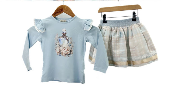 Blue and Gold Perfume Shoes Skirt Set