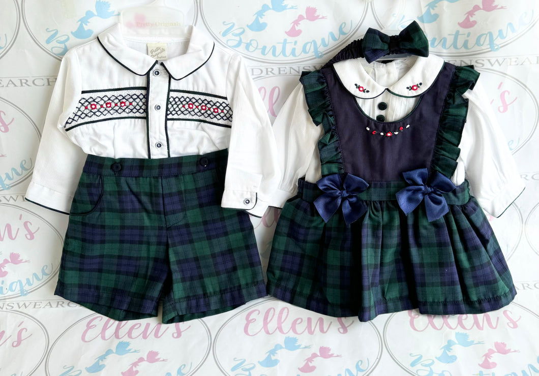 Pretty Originals Navy and Bottle Green Smocked Suit