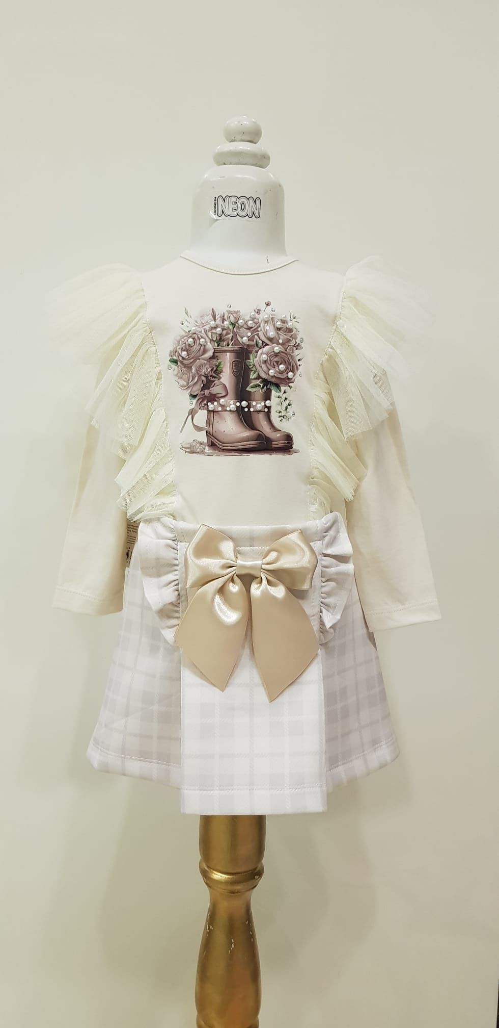 Cream Check Flower Skirt Set