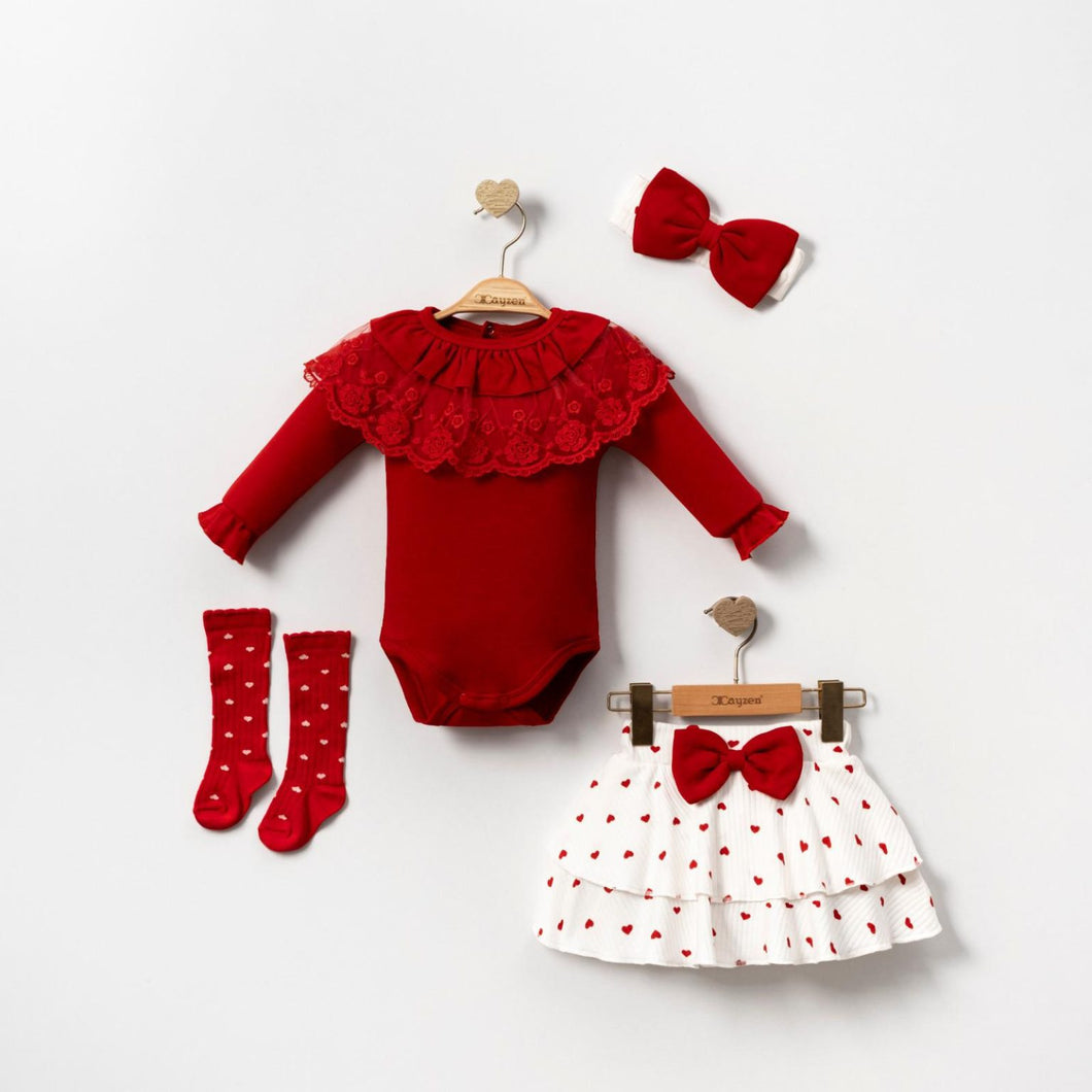 Red Hearts Baby Skirt, Bow and Socks Set