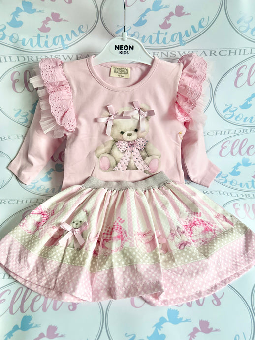 Pink Teddy Stripes Skirt Set