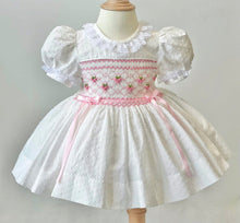 Load image into Gallery viewer, White and Pink Swiss Cotton Smocked Dress, Bonnet and Bib Set
