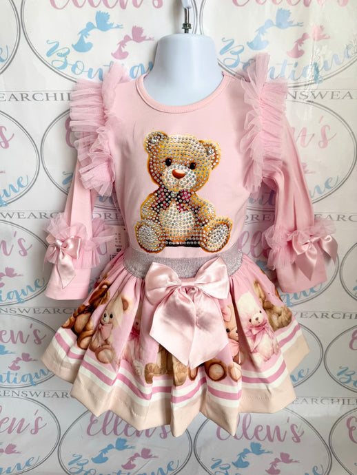 Pink Teddy Diamante Skirt Set