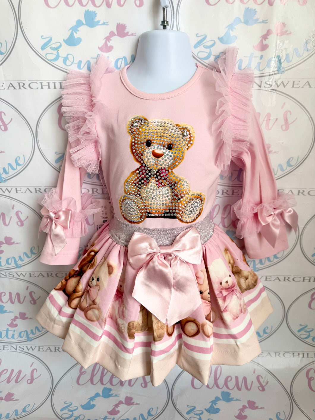 Pink Teddy Diamante Skirt Set