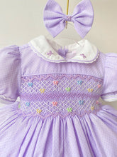 Load image into Gallery viewer, Lilac Bows and Pearls Smocked Dress