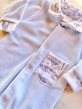 Load image into Gallery viewer, Toile Blue Velvet Babygrow