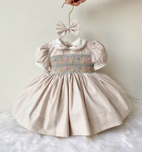 Load image into Gallery viewer, Beige Bows and Pearls Smocked Dress