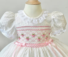 Load image into Gallery viewer, White and Pink Swiss Cotton Smocked Dress, Bonnet and Bib Set