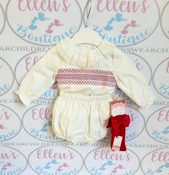 Red and White Smocked Frilly Jam Pants and Socks Set