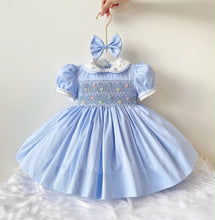 Load image into Gallery viewer, Blue Bows and Pearls Smocked Dress