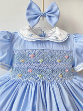Load image into Gallery viewer, Blue Bows and Pearls Smocked Dress