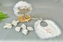 Load image into Gallery viewer, White and Pink Swiss Cotton Smocked Dress, Bonnet and Bib Set