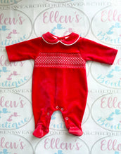 Load image into Gallery viewer, Red Velvet Smocked Babygrow