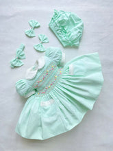 Load image into Gallery viewer, PREORDER Smocked Mint Pastels and Pearls Dress