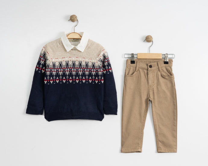 Navy and Beige Jumper, Shirt and Chinos Set