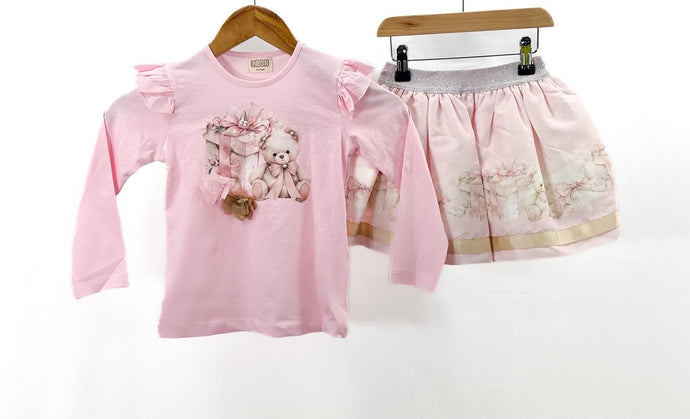 Pink Teddy And Presents Skirt Set