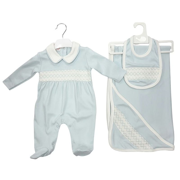 Smocked Blue Babygrow, Bib and Blanket Set