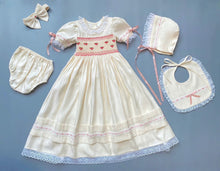 Load image into Gallery viewer, Smocked Daygown, Bib, Bonnet, Hairband and Bloomers Set - Choose Colour