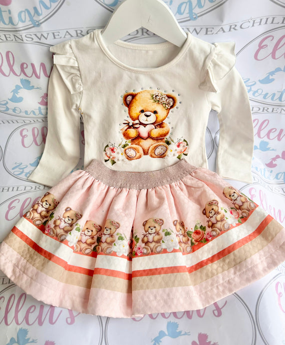 Cream and Peach Teddy Skirt Set