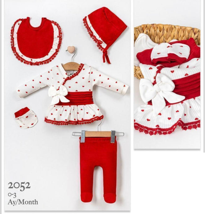 Red Hearts Frilly 2 Piece Set, Bib, Bonnet and mittens set