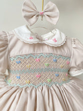 Load image into Gallery viewer, Beige Bows and Pearls Smocked Dress