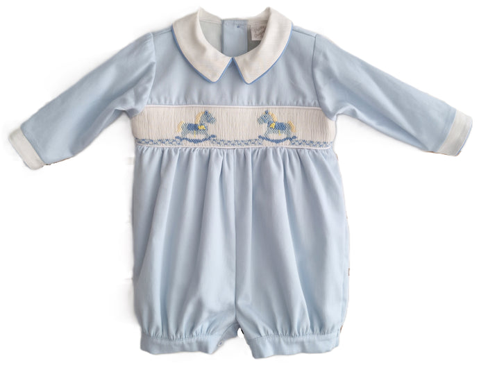 Pretty Originals Baby Blue Rocking Horse Smocked Romper PREORDER