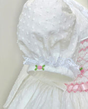 Load image into Gallery viewer, White and Pink Swiss Cotton Smocked Dress, Bonnet and Bib Set