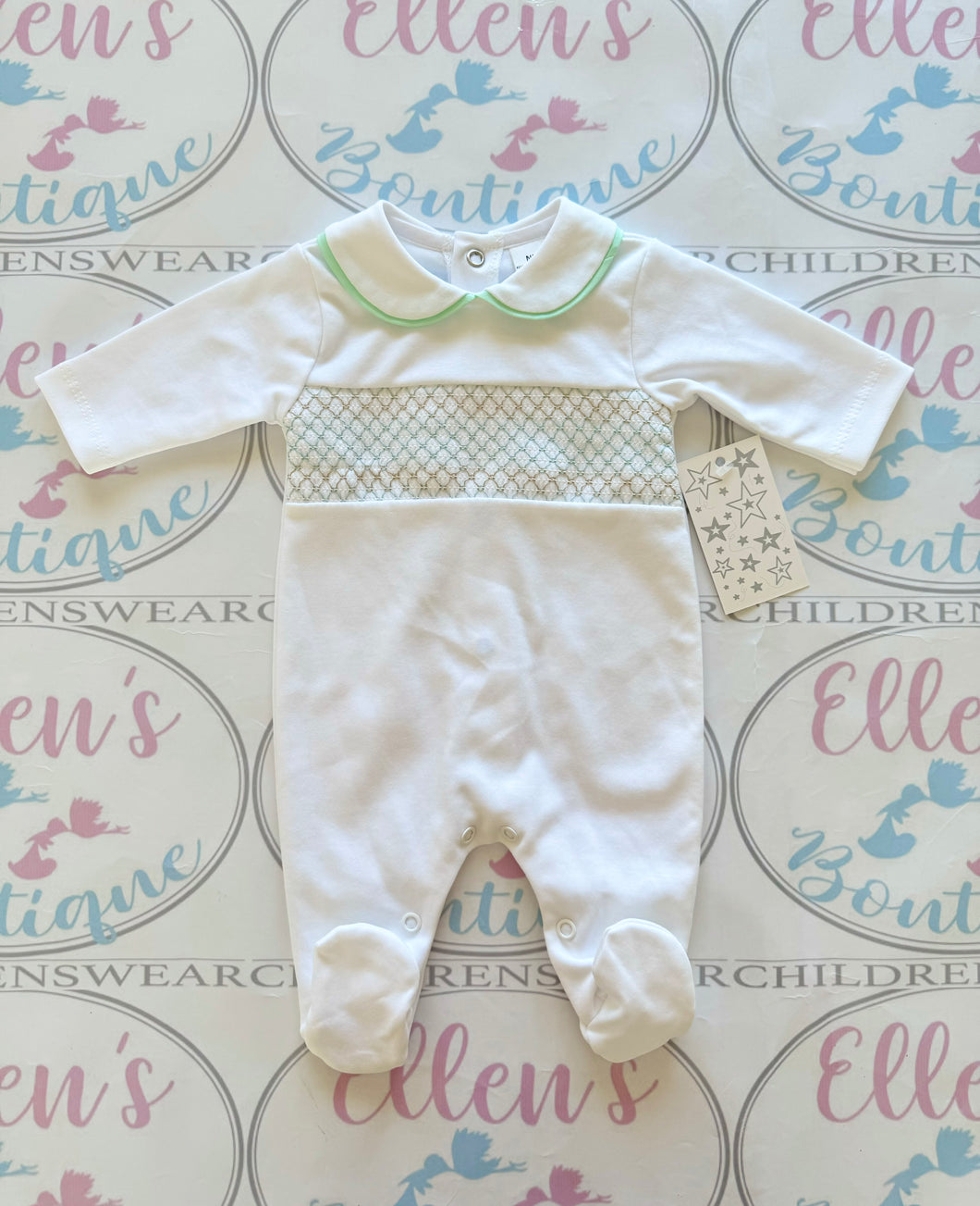 Mint and White Smocked Cotton Babygrow