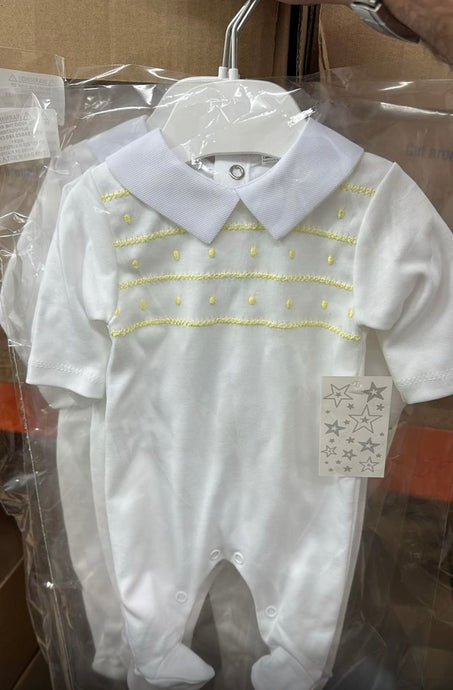 White and Lemon Cotton Embroidered Babygrow
