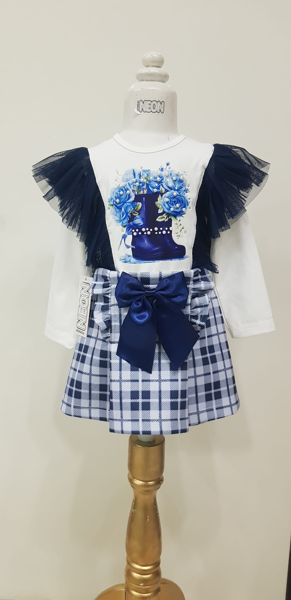 Navy Check Flower Skirt Set