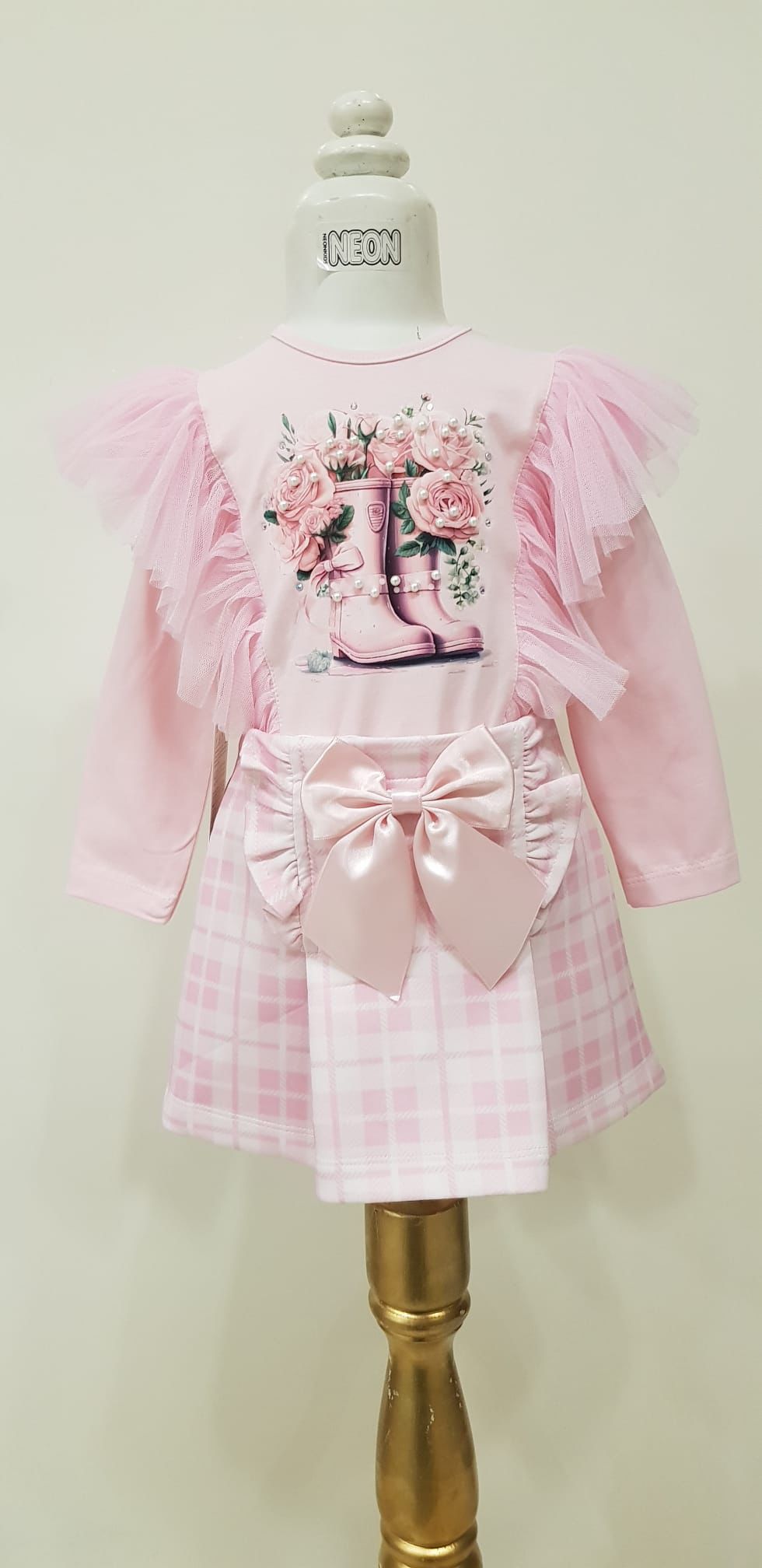 Pink Check Flower Skirt Set