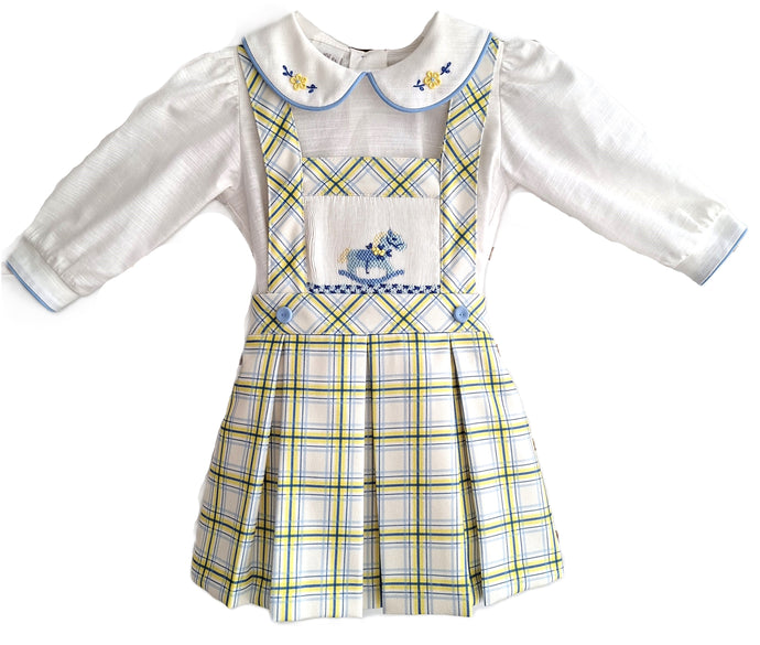 Pretty Originals Blue Rocking Horse Smocked Pinafore PREORDER