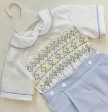 Load image into Gallery viewer, Blue and Cream Smocked Suit