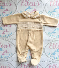 Load image into Gallery viewer, Biscuit Velvet Smocked Babygrow