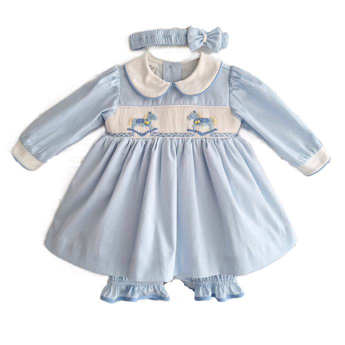 Pretty Originals Blue Rocking Horse Smocked Dress PREORDER