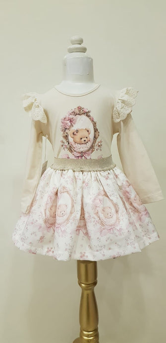Cream Teddy Flowers Skirt Set