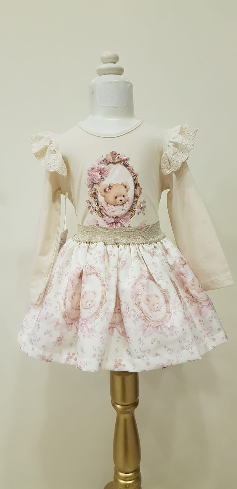 Cream Teddy Flowers Skirt Set