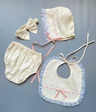 Load image into Gallery viewer, Smocked Daygown, Bib, Bonnet, Hairband and Bloomers Set - Choose Colour