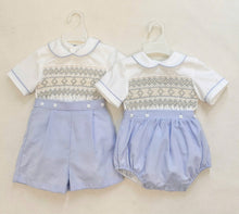 Load image into Gallery viewer, Blue and Cream Smocked Suit
