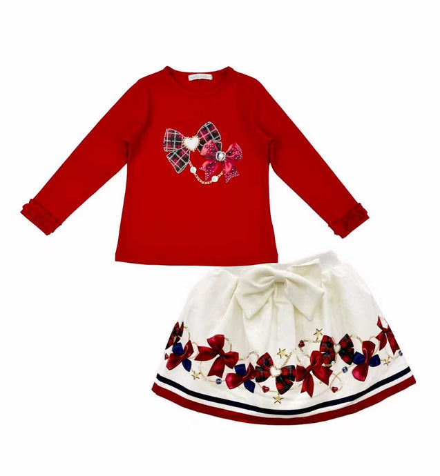 Red and Cream Bows Skirt Set