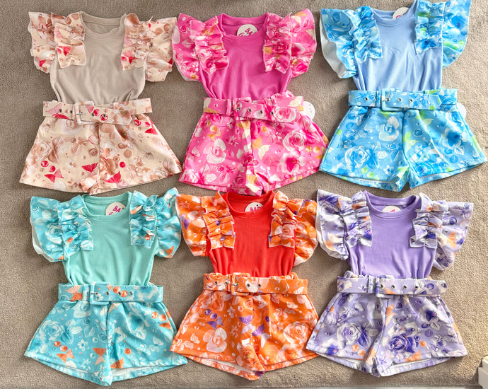 Flowers and Butterflies Short Set and Belt - Choose Colour