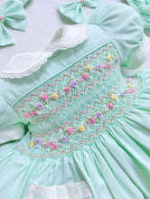 Load image into Gallery viewer, PREORDER Smocked Mint Pastels and Pearls Dress