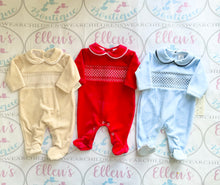 Load image into Gallery viewer, Red Velvet Smocked Babygrow