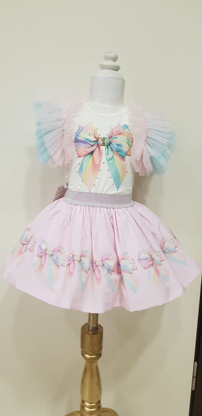 Pink Multicolour Bows Skirt Set