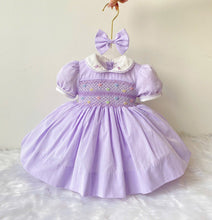 Load image into Gallery viewer, Lilac Bows and Pearls Smocked Dress