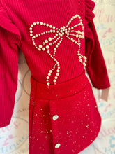 Load image into Gallery viewer, Red Pearl Bows Skirt Set