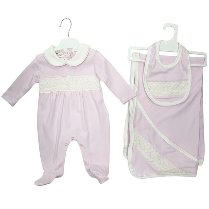 Pink Babygrow, Bib and Blanket Set