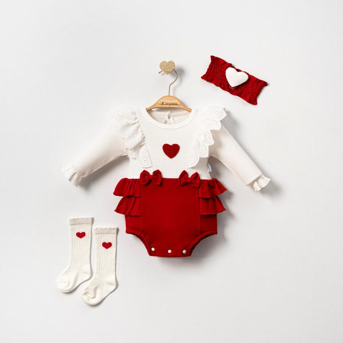 Red Hearts Frilly Romper, Headband and Socks