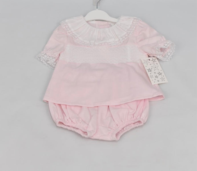 Pink Smocked Frilly Jam pants Set